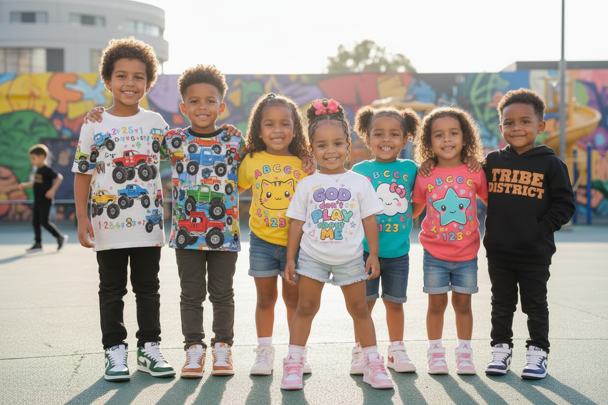 "Kids of all ages wearing Tribe District graphic tees and hoodies, posing together outdoors."
