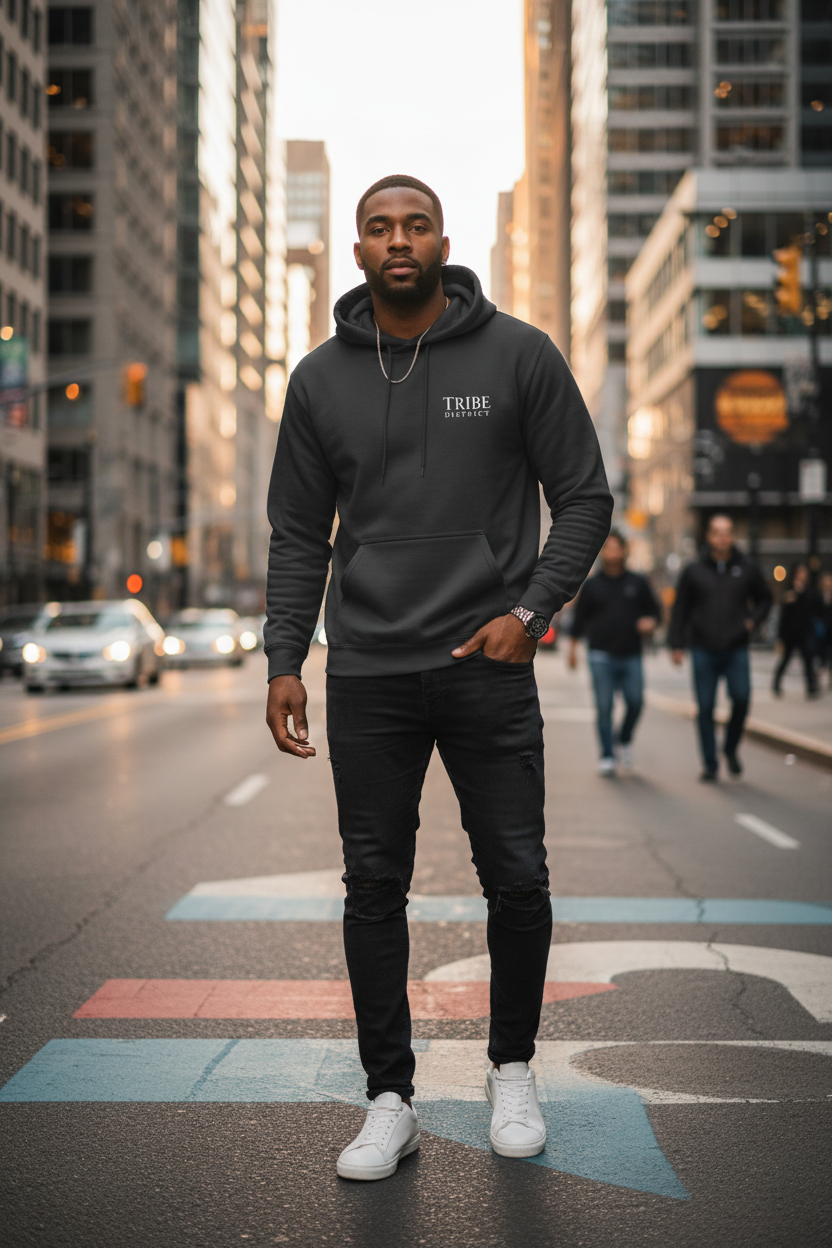 "Man wearing Tribe District Men's Hoodie in an urban street setting"