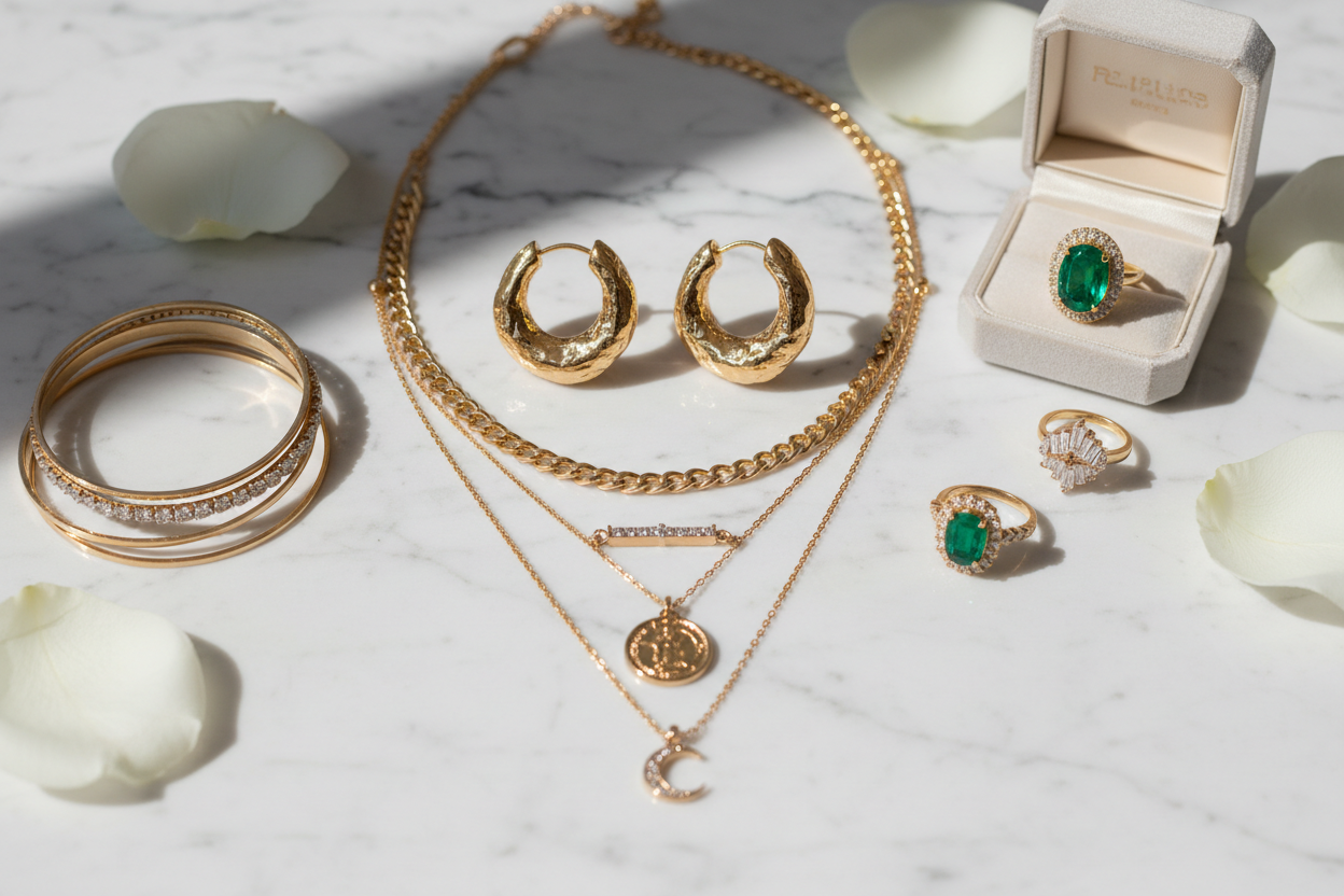 Flatlay of gold women's jewelry including stacked bangles, hoop earrings, layered necklaces, and emerald rings on a marble surface with white petals