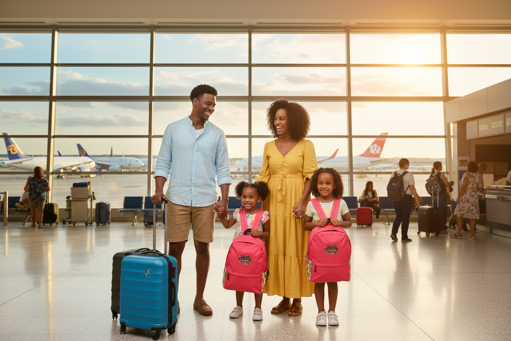Black Family at Airport with Tribe District Backpack