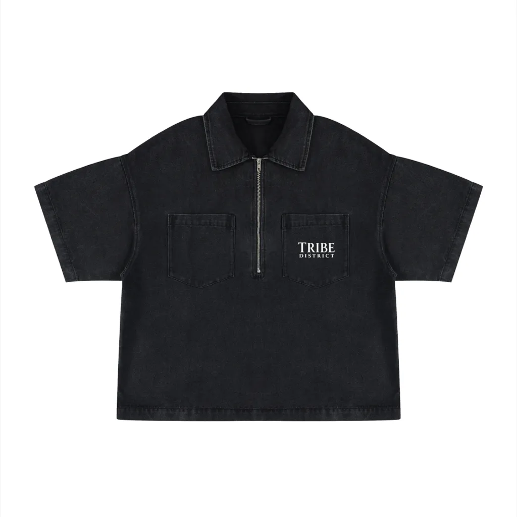 Tribe District Vintage Wash Boxy Quarter-Zip Denim Shirt