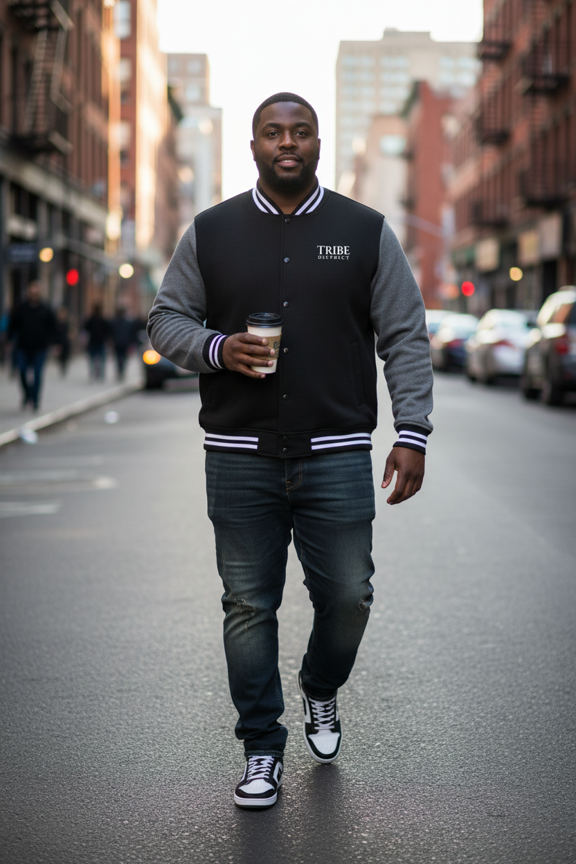 Plus Size Men's Lifestyle Mockup - Letterman Jacket